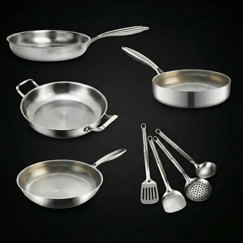 Hand-Hammered Titanium Family Set: 4 Pans & Utensils