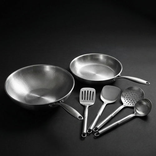 Hand-Hammered Titanium Wok & Fry Pan (10 Inch) with Utensils
